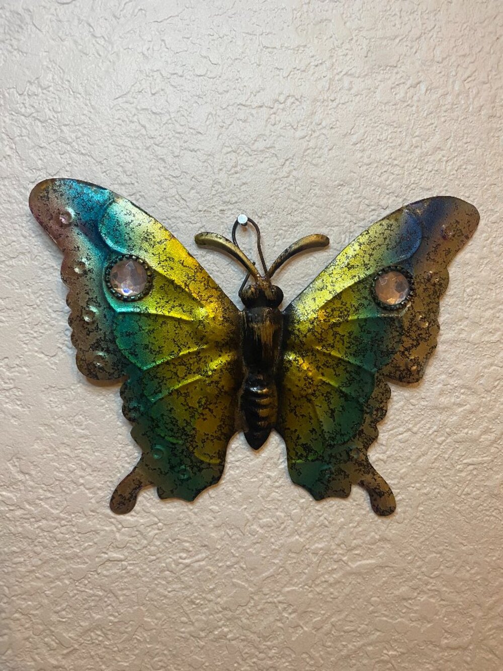 Vintage Metal Butterfly Wall Art Iridescent Green Blue Rhinestone Eyes 8"